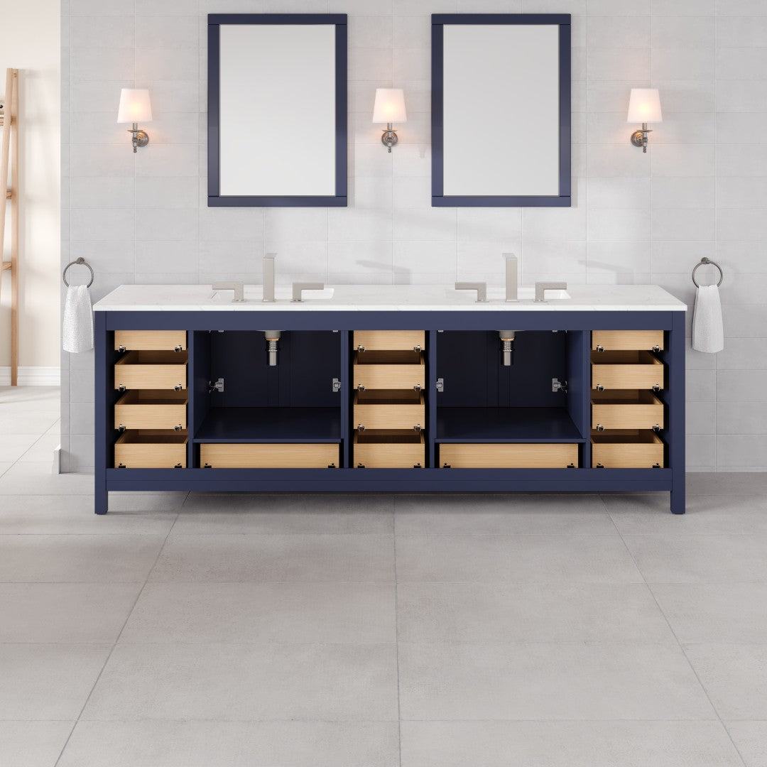 Aberdeen 96 in. Blue Double Sink  Bath Vanity with Carrara Quartz Top and Undermount Porcelain Sinks