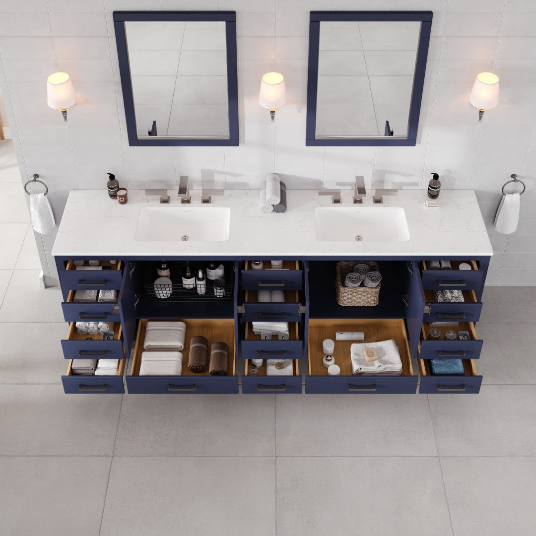 Aberdeen 96 in. Blue Double Sink  Bath Vanity with Carrara Quartz Top and Undermount Porcelain Sinks