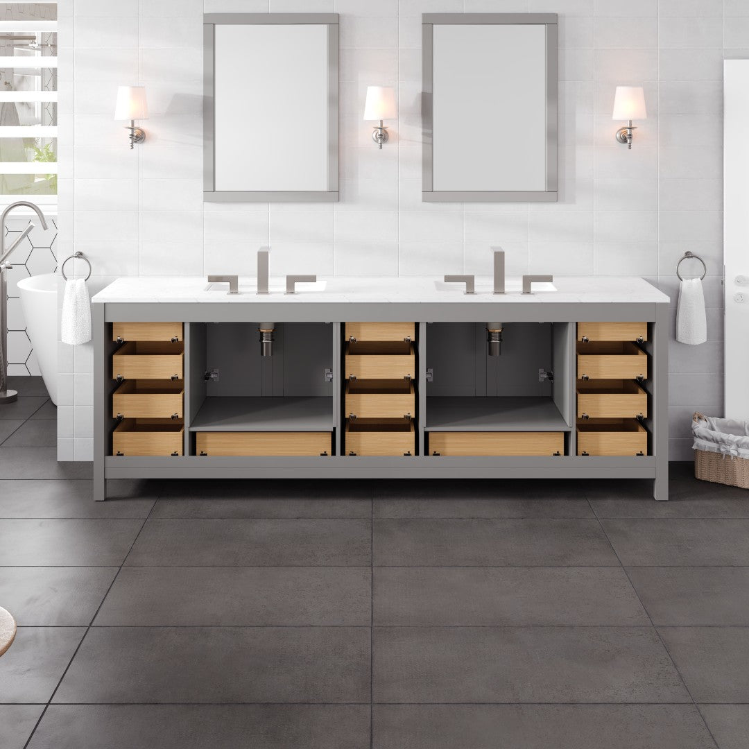 Aberdeen 96 in. Gray Double Sink  Bath Vanity with Carrara Quartz Top and Undermount Porcelain Sinks