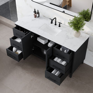 Graham 60 in. Blackwood Single Sink Bath Vanity with Arabescato Engineered Stone Top and Undermount Porcelain Sink