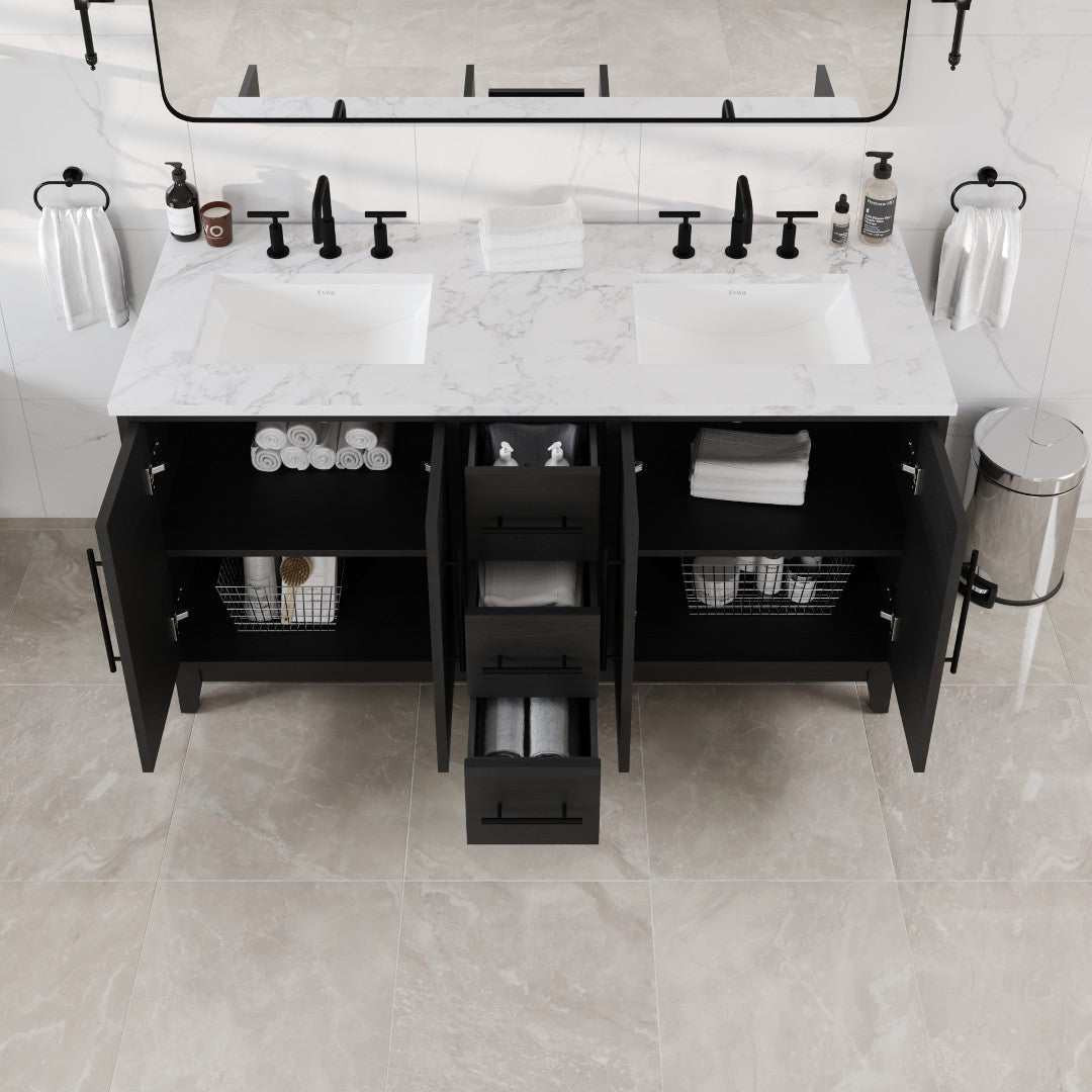 Graham 60 in. Blackwood Double Sink  Bath Vanity with Arabescato Engineered Stone Top and Undermount Porcelain Sinks