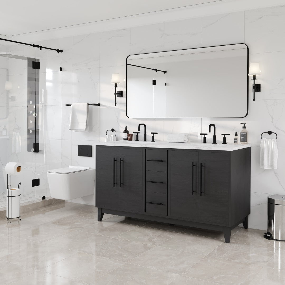 Graham 60 in. Blackwood Double Sink  Bath Vanity with Arabescato Engineered Stone Top and Undermount Porcelain Sinks