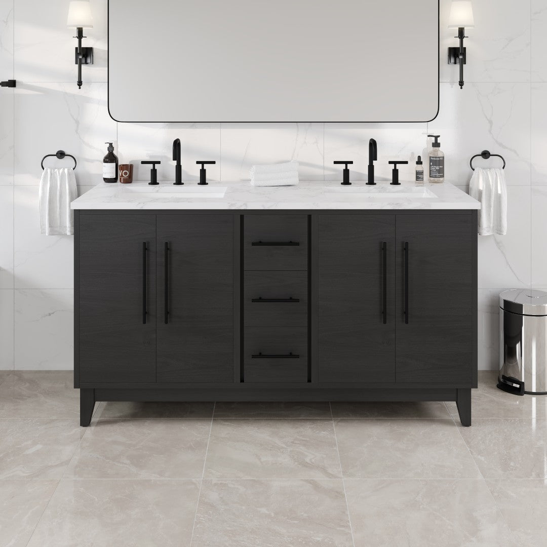 Graham 60 in. Blackwood Double Sink  Bath Vanity with Arabescato Engineered Stone Top and Undermount Porcelain Sinks