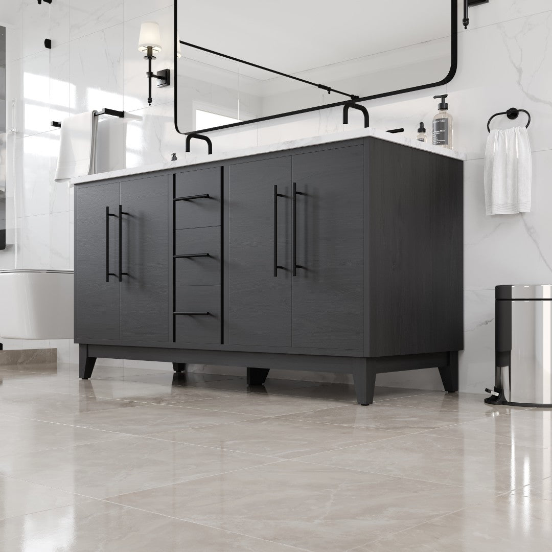 Graham 60 in. Blackwood Double Sink  Bath Vanity with Arabescato Engineered Stone Top and Undermount Porcelain Sinks