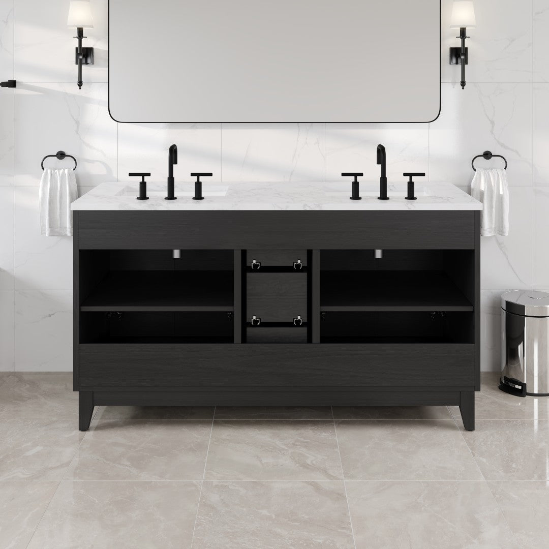 Graham 60 in. Blackwood Double Sink  Bath Vanity with Arabescato Engineered Stone Top and Undermount Porcelain Sinks