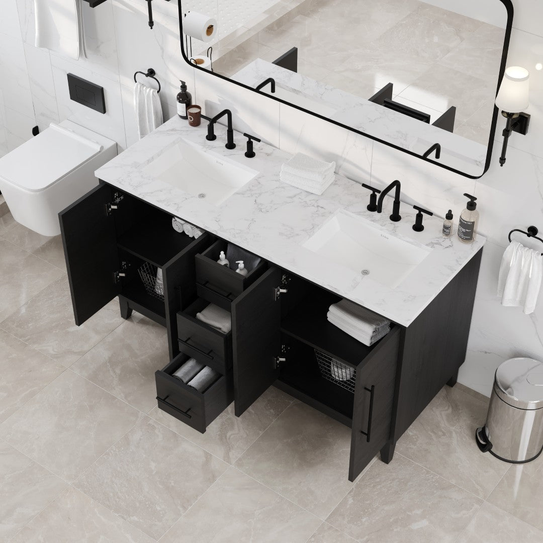 Graham 60 in. Blackwood Double Sink  Bath Vanity with Arabescato Engineered Stone Top and Undermount Porcelain Sinks