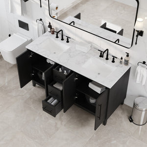 Graham 60 in. Blackwood Double Sink  Bath Vanity with Arabescato Engineered Stone Top and Undermount Porcelain Sinks