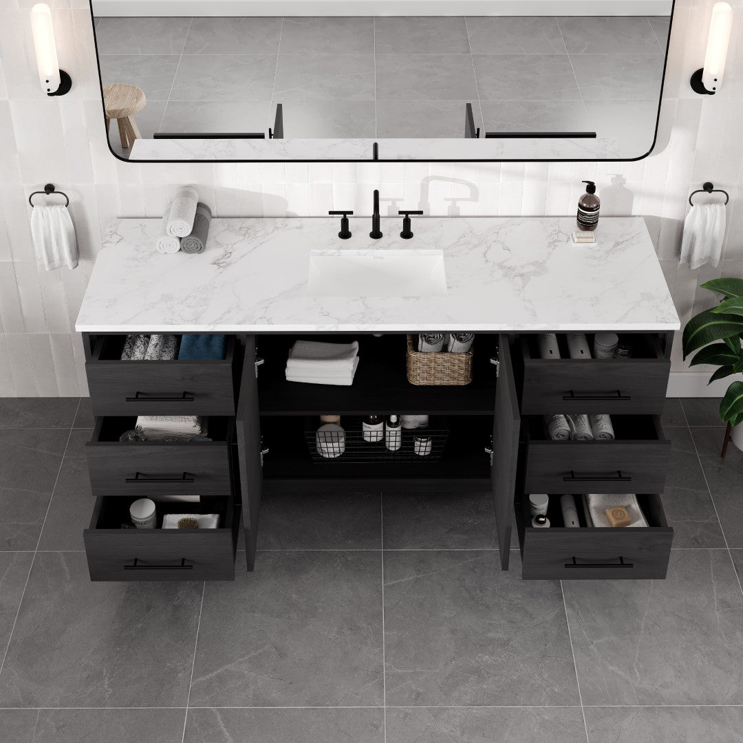 Graham 72 in. Blackwood Single Sink Bath Vanity with Arabescato Engineered Stone Top and Undermount Porcelain Sink