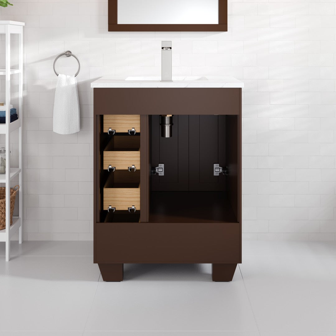 Acclaim 24 in. Teak Single Sink Bath Vanity with Carrara Quartz Top and Undermount Porcelain Sink