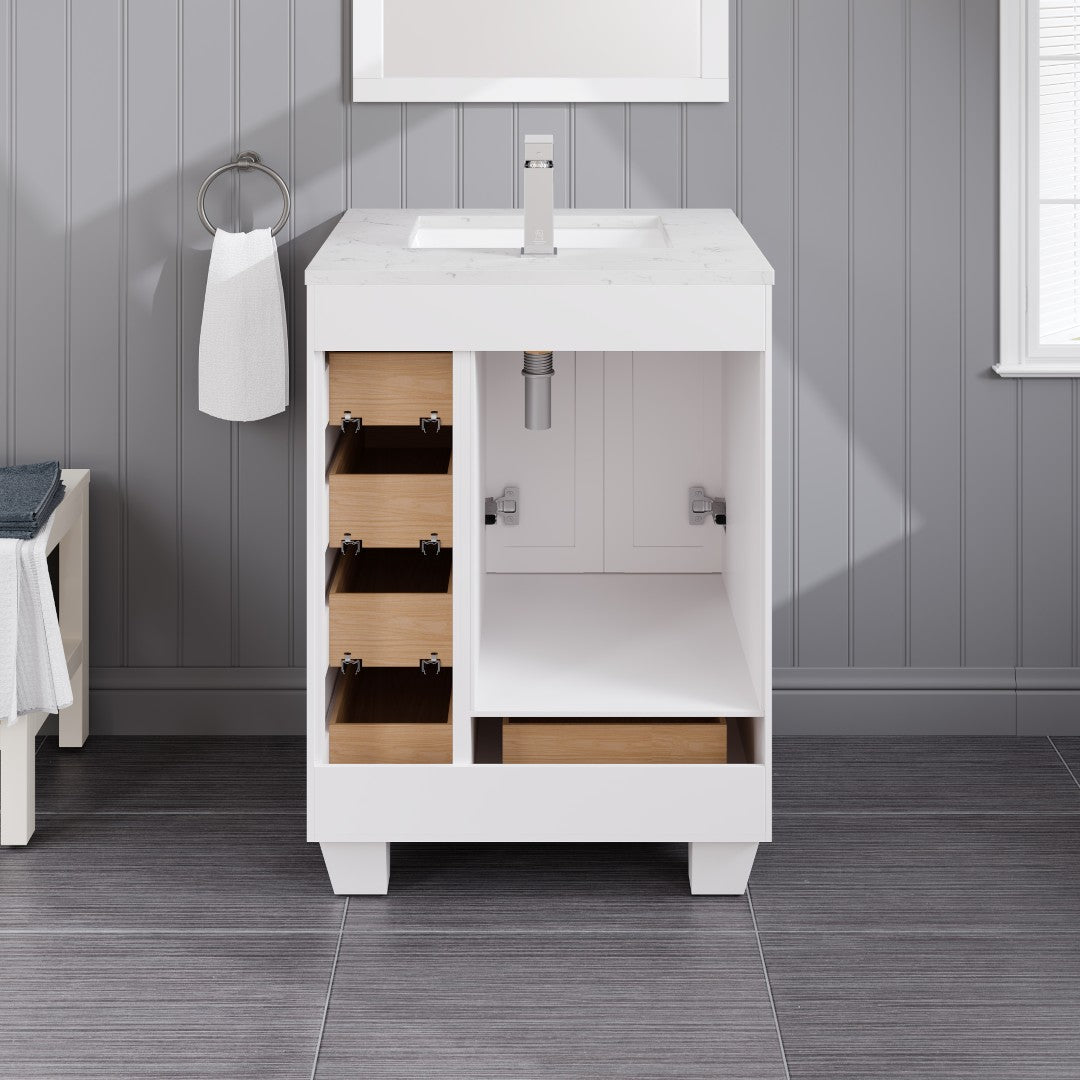 Acclaim 24 in. White Single Sink Bath Vanity with Carrara Quartz Top and Undermount Porcelain Sink