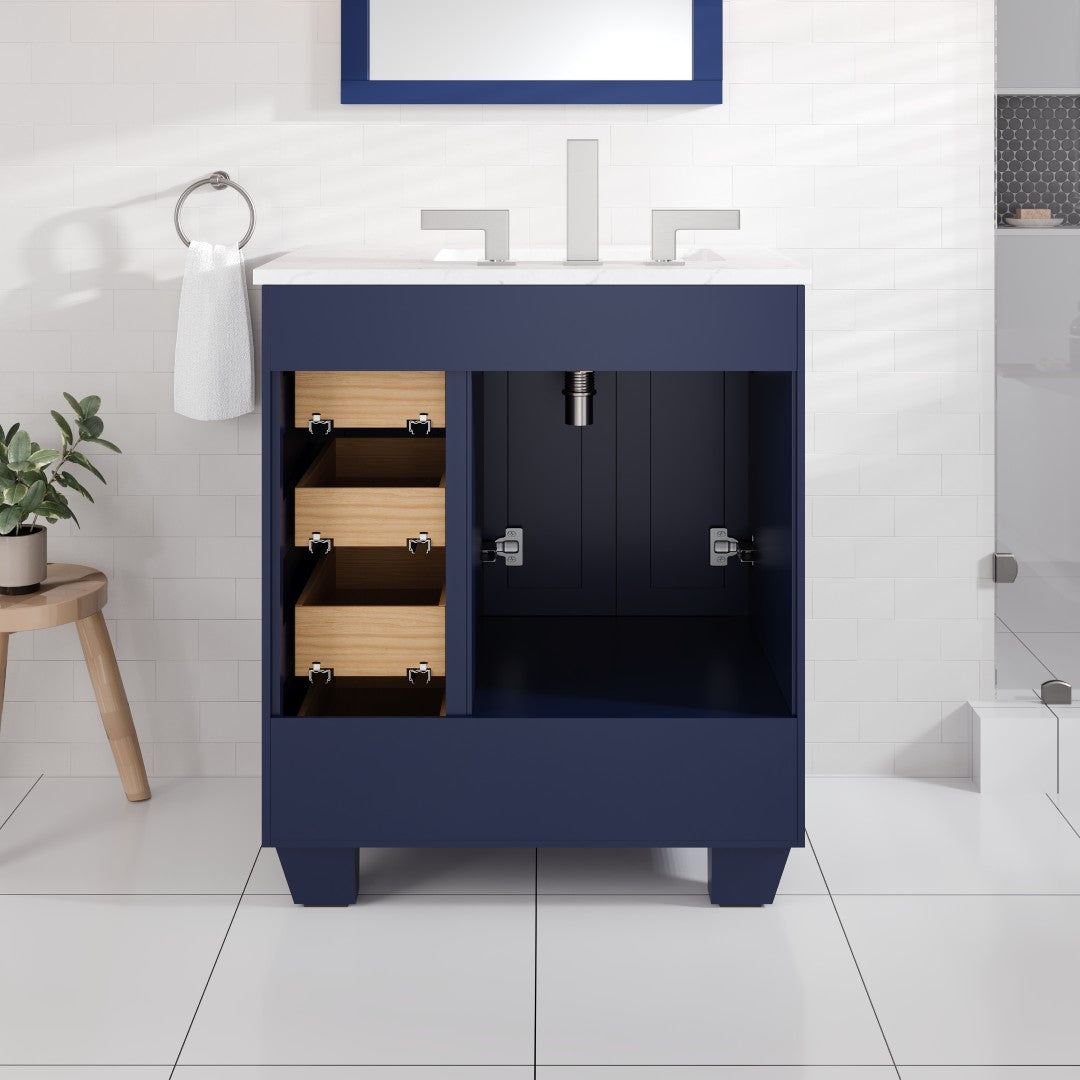 Acclaim 28 in. Blue Single Sink Bath Vanity with Carrara Quartz Top and Undermount Porcelain Sink