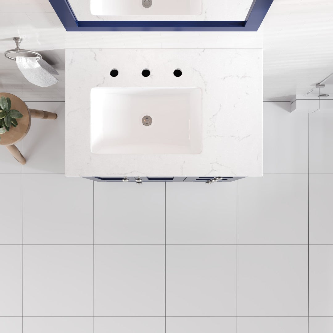 Acclaim 28 in. Blue Single Sink Bath Vanity with Carrara Quartz Top and Undermount Porcelain Sink