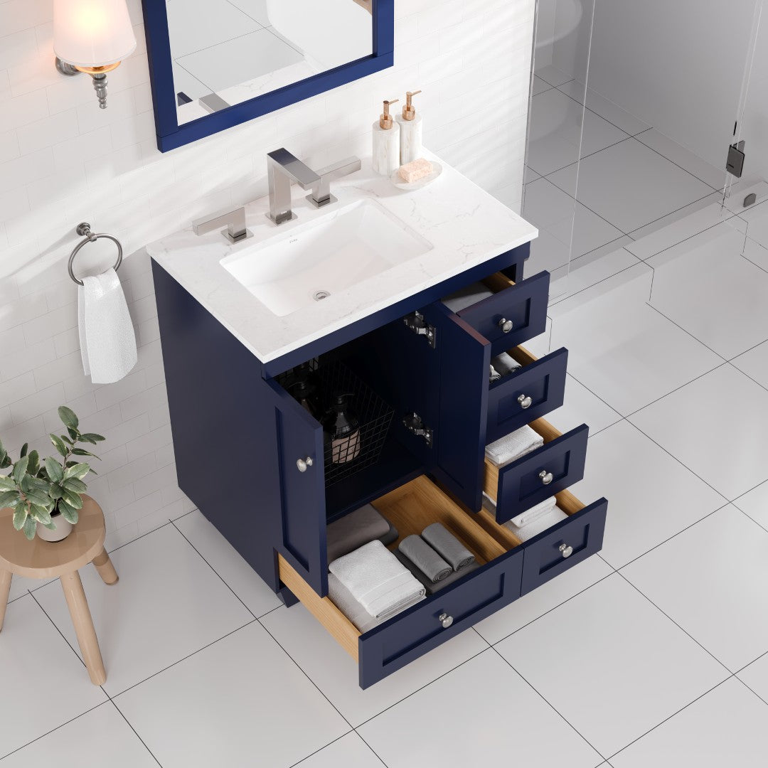 Acclaim 28 in. Blue Single Sink Bath Vanity with Carrara Quartz Top and Undermount Porcelain Sink