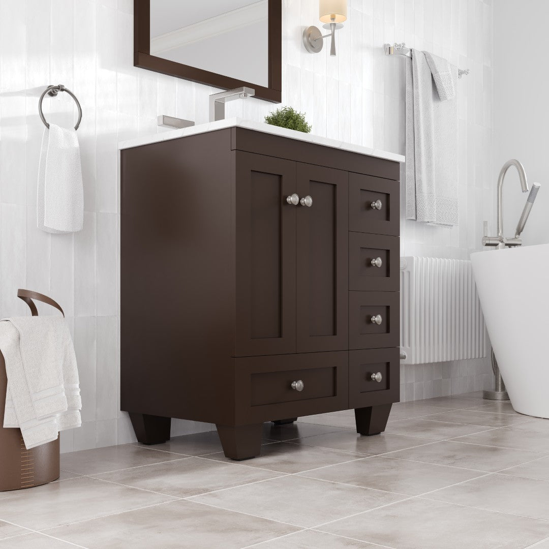 Acclaim 28 in. Teak Single Sink Bath Vanity with Carrara Quartz Top and Undermount Porcelain Sink