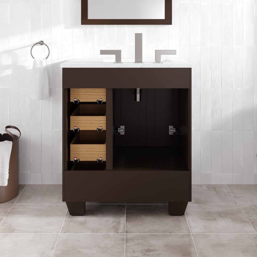 Acclaim 28 in. Teak Single Sink Bath Vanity with Carrara Quartz Top and Undermount Porcelain Sink