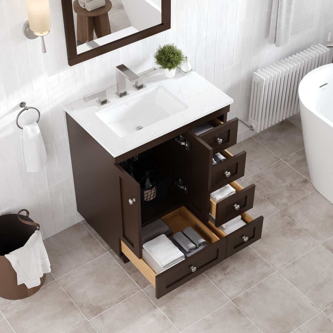 Acclaim 28 in. Teak Single Sink Bath Vanity with Carrara Quartz Top and Undermount Porcelain Sink