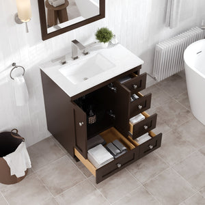 Acclaim 28 in. Teak Single Sink Bath Vanity with Carrara Quartz Top and Undermount Porcelain Sink