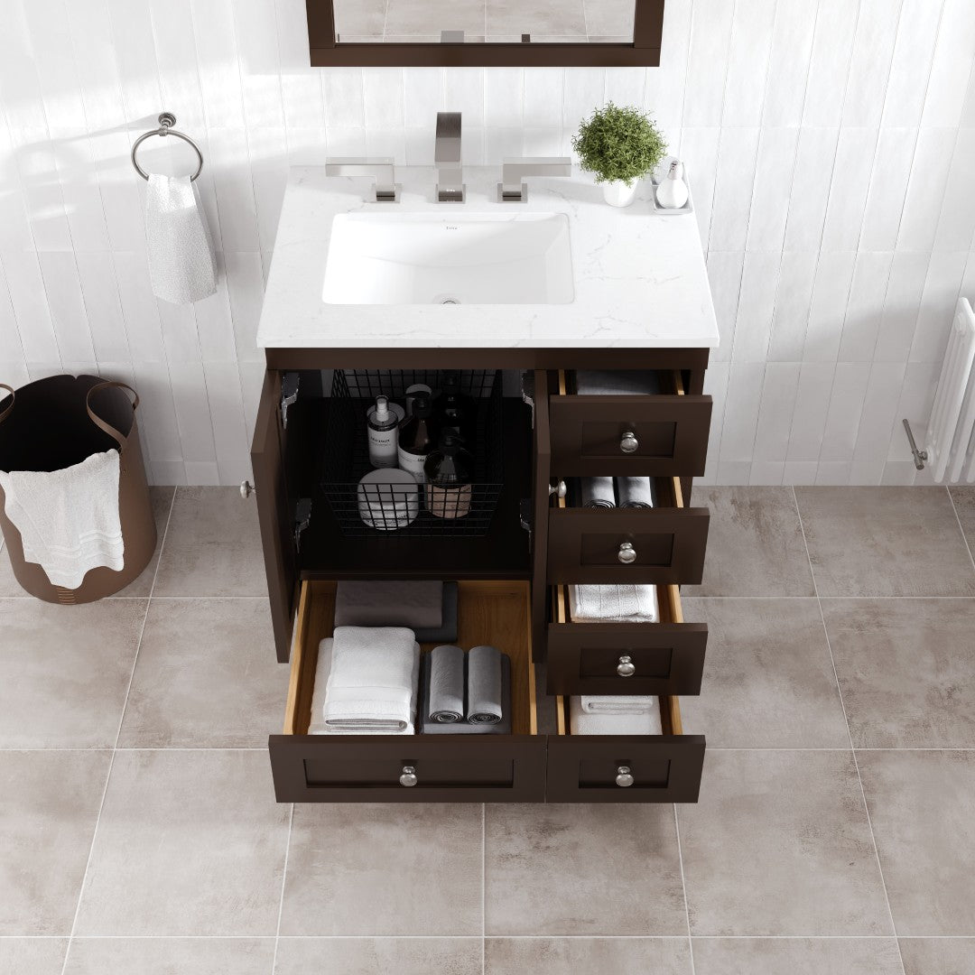 Acclaim 28 in. Teak Single Sink Bath Vanity with Carrara Quartz Top and Undermount Porcelain Sink