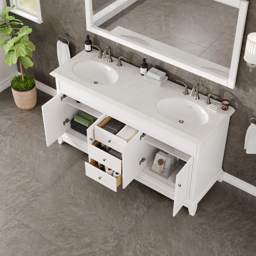 Elite Stamford 60 in. White Double Sink  Bath Vanity with Carrara Quartz Top and Undermount Porcelain Sinks