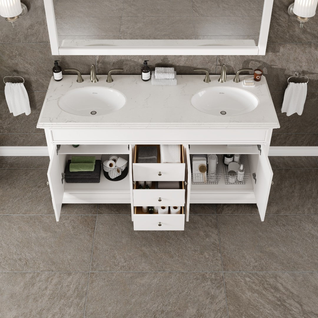 Elite Stamford 60 in. White Double Sink  Bath Vanity with Carrara Quartz Top and Undermount Porcelain Sinks