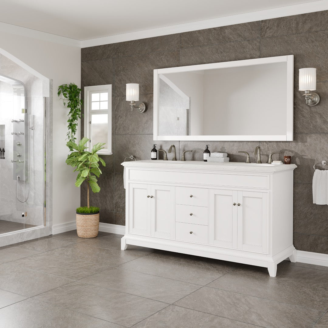 Elite Stamford 60 in. White Double Sink  Bath Vanity with Carrara Quartz Top and Undermount Porcelain Sinks