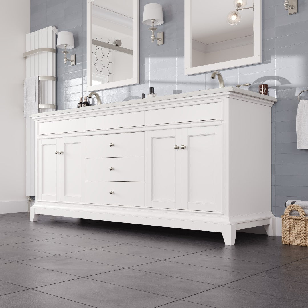 Elite Stamford 72 in. White Double Sink  Bath Vanity with Carrara Quartz Top and Undermount Porcelain Sinks