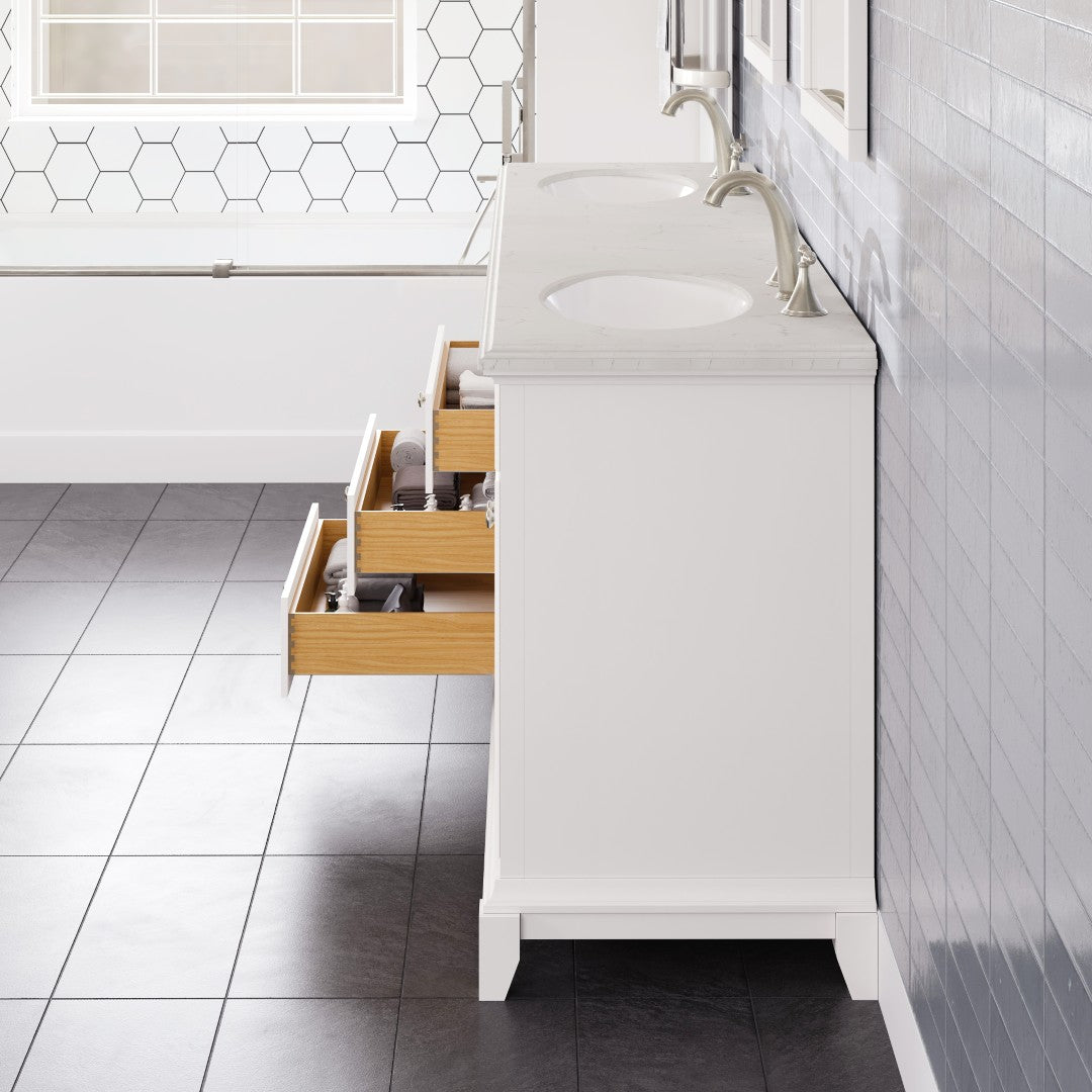 Elite Stamford 72 in. White Double Sink  Bath Vanity with Carrara Quartz Top and Undermount Porcelain Sinks
