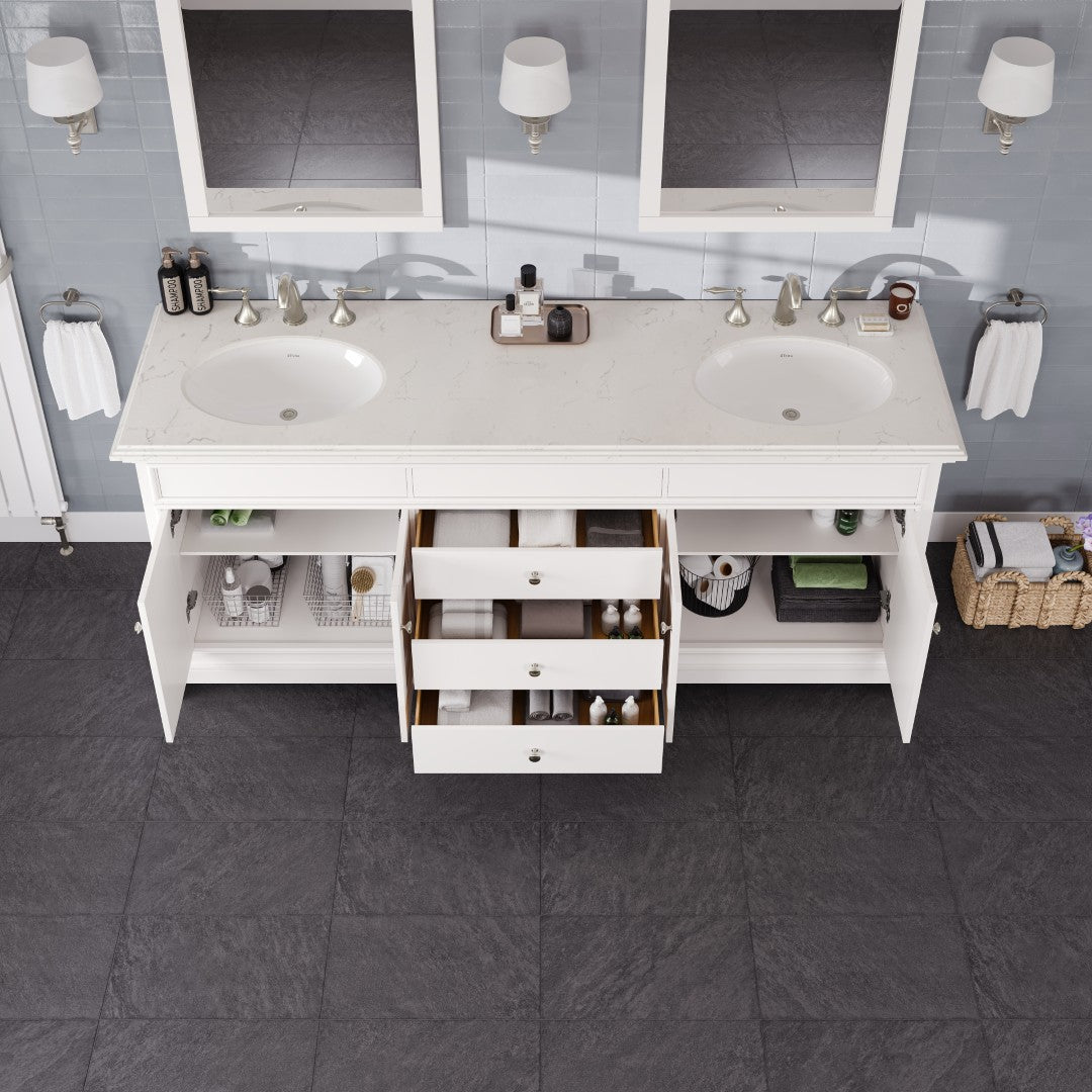 Elite Stamford 72 in. White Double Sink  Bath Vanity with Carrara Quartz Top and Undermount Porcelain Sinks
