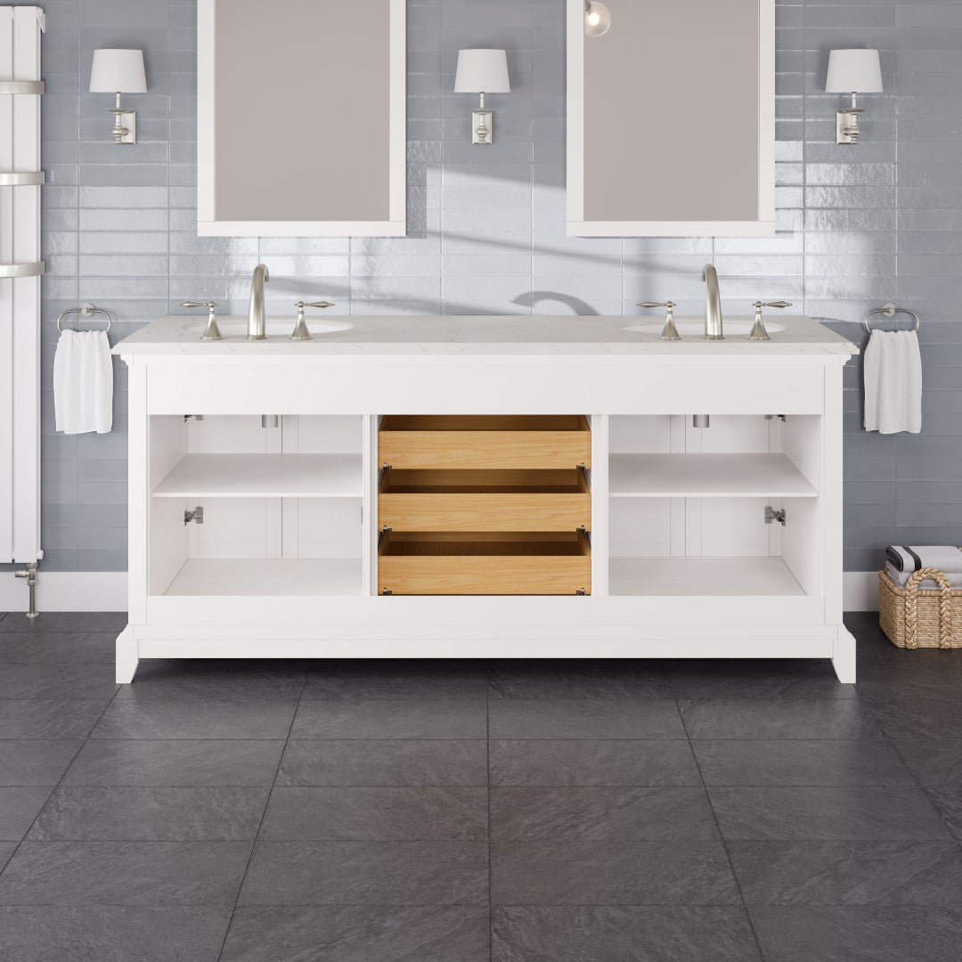 Elite Stamford 72 in. White Double Sink  Bath Vanity with Carrara Quartz Top and Undermount Porcelain Sinks