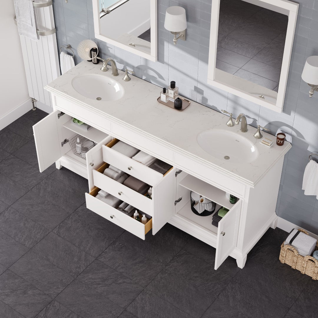 Elite Stamford 72 in. White Double Sink  Bath Vanity with Carrara Quartz Top and Undermount Porcelain Sinks
