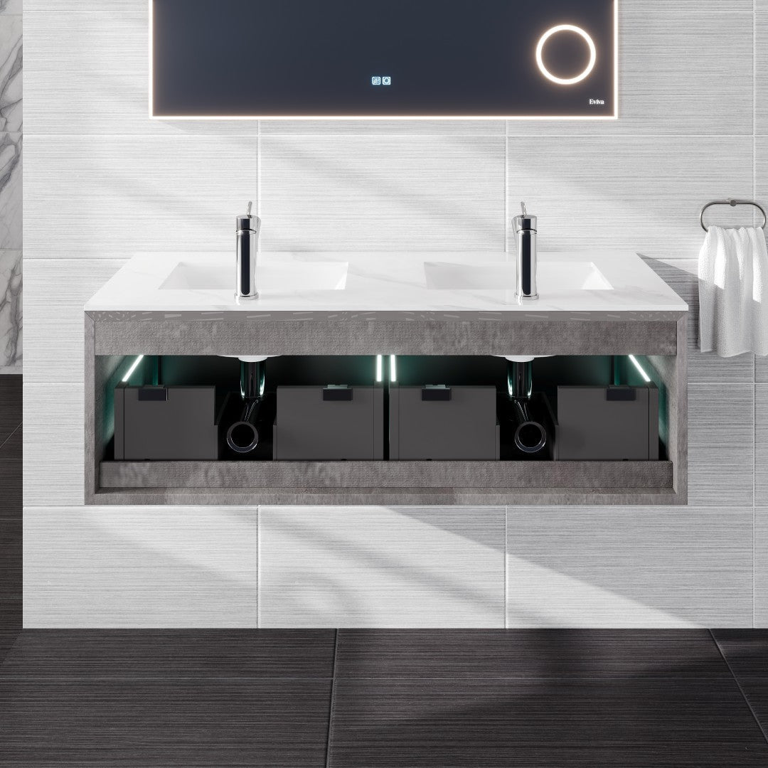 Aurora 48 in. Concrete Gray Wall Mount Double Sink  Bath Vanity with Carrara Quartz Top and Undermount Porcelain Sinks