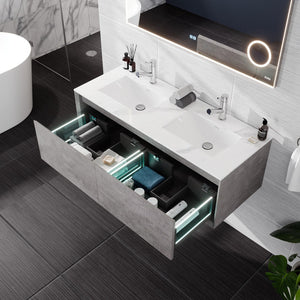 Aurora 48 in. Concrete Gray Wall Mount Double Sink  Bath Vanity with Carrara Quartz Top and Undermount Porcelain Sinks
