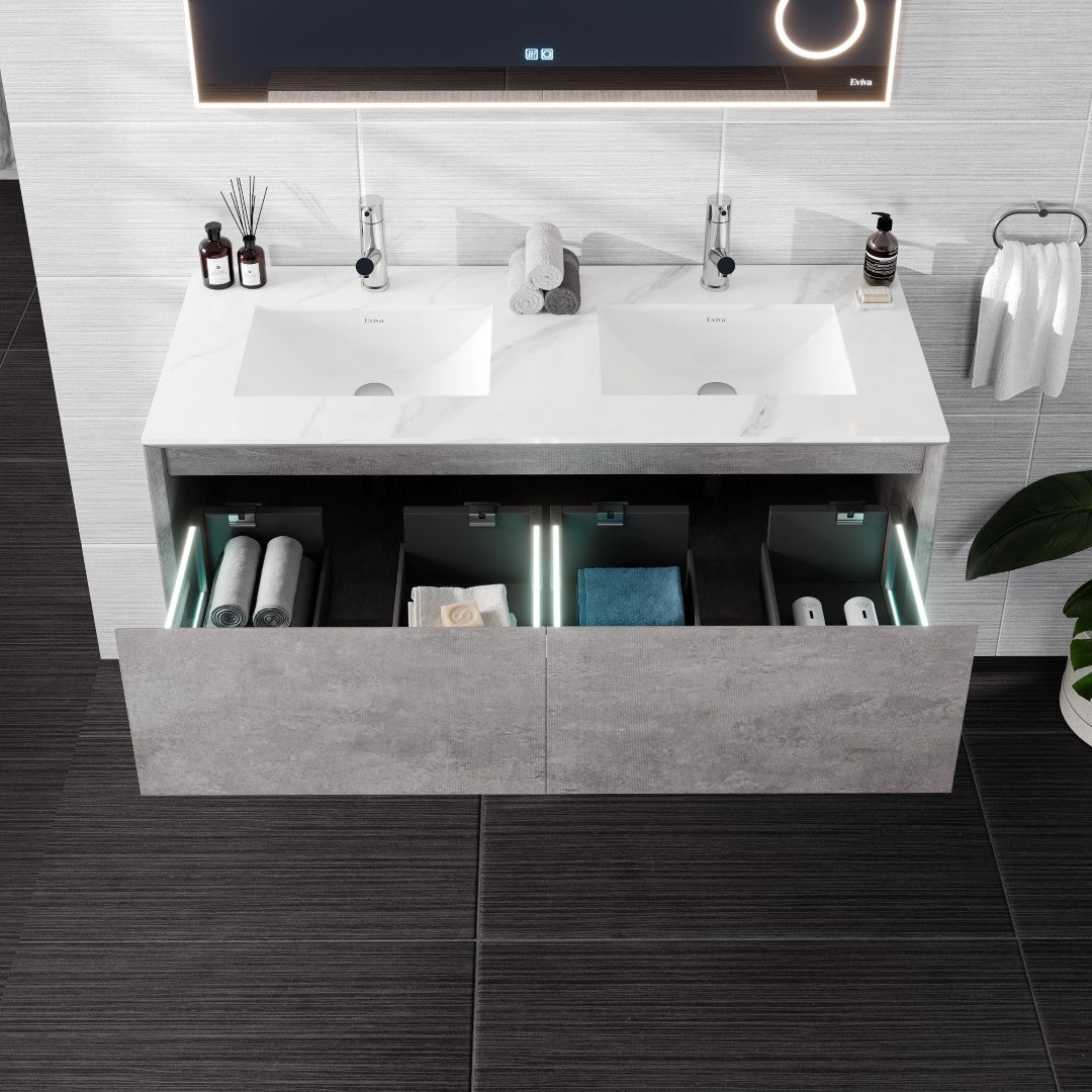 Aurora 48 in. Concrete Gray Wall Mount Double Sink  Bath Vanity with Carrara Quartz Top and Undermount Porcelain Sinks