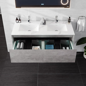 Aurora 48 in. Concrete Gray Wall Mount Double Sink  Bath Vanity with Carrara Quartz Top and Undermount Porcelain Sinks