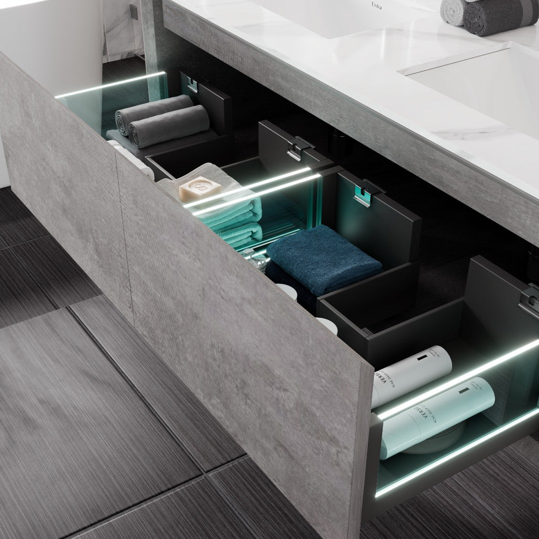 Aurora 48 in. Concrete Gray Wall Mount Double Sink  Bath Vanity with Carrara Quartz Top and Undermount Porcelain Sinks