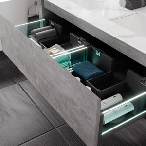 Aurora 48 in. Concrete Gray Wall Mount Double Sink  Bath Vanity with Carrara Quartz Top and Undermount Porcelain Sinks