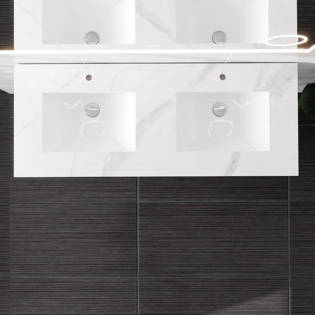 Aurora 48 in. Concrete Gray Wall Mount Double Sink  Bath Vanity with Carrara Quartz Top and Undermount Porcelain Sinks
