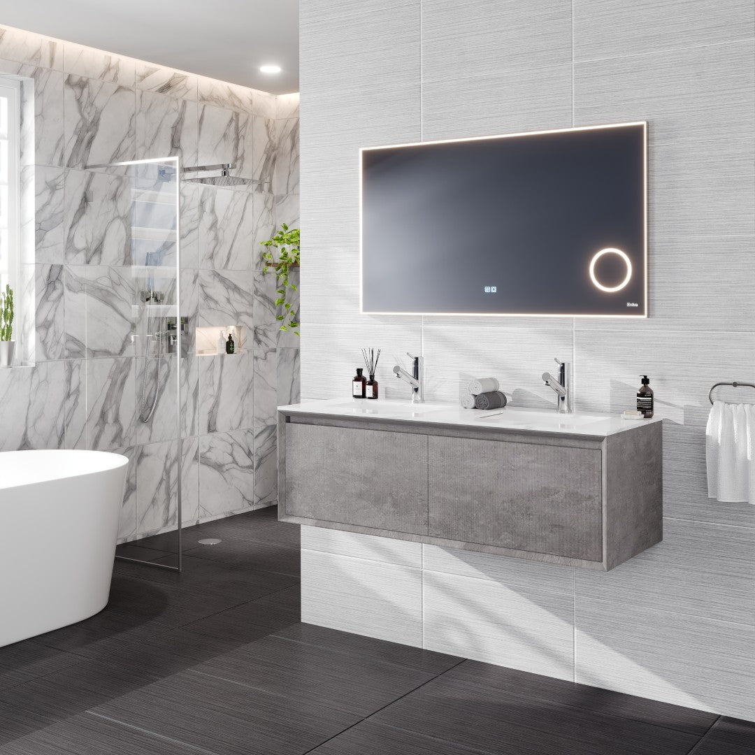 Aurora 48 in. Concrete Gray Wall Mount Double Sink  Bath Vanity with Carrara Quartz Top and Undermount Porcelain Sinks