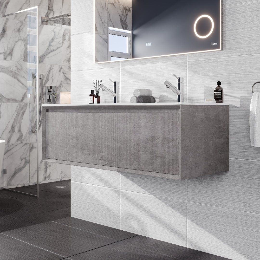 Aurora 48 in. Concrete Gray Wall Mount Double Sink  Bath Vanity with Carrara Quartz Top and Undermount Porcelain Sinks