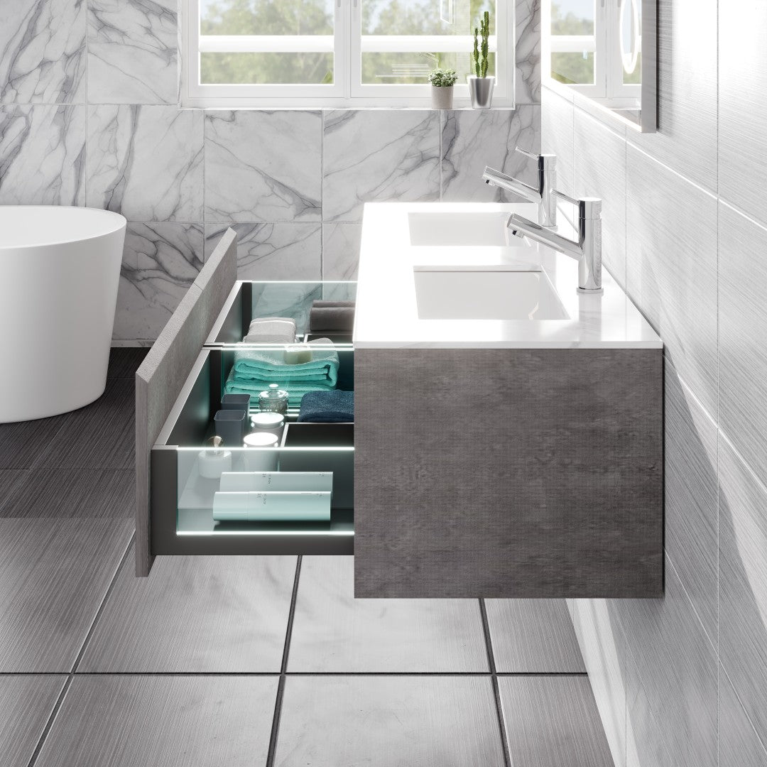 Aurora 48 in. Concrete Gray Wall Mount Double Sink  Bath Vanity with Carrara Quartz Top and Undermount Porcelain Sinks