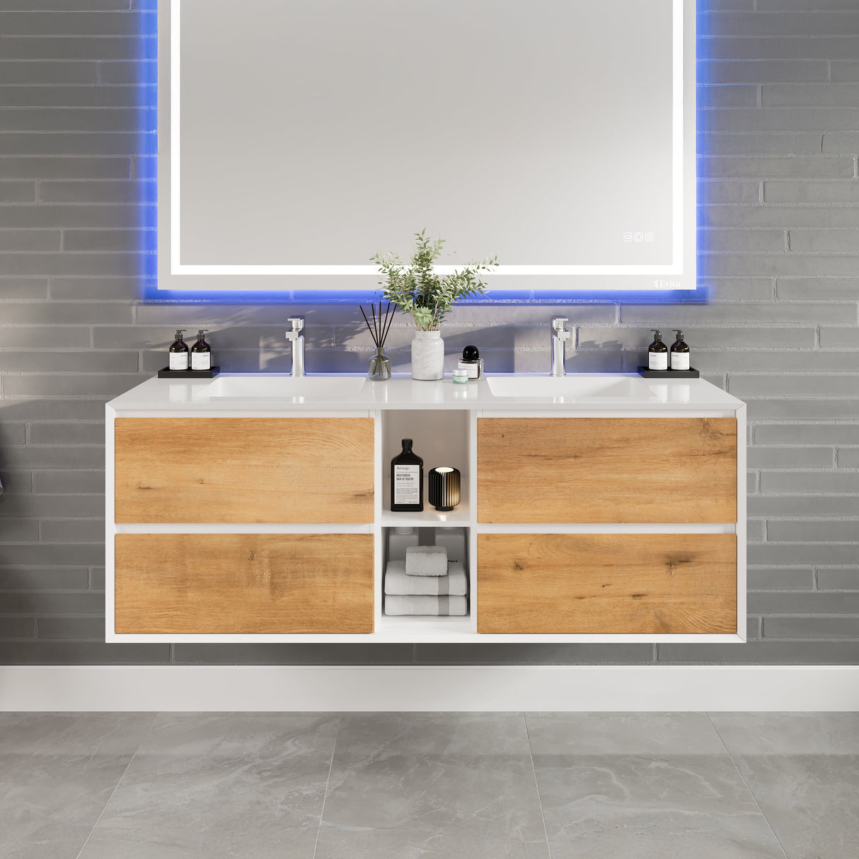Vienna 60 in. Oak Wall Mount Double Sink  Bath Vanity with Acrylic Top and Integrated Sinks