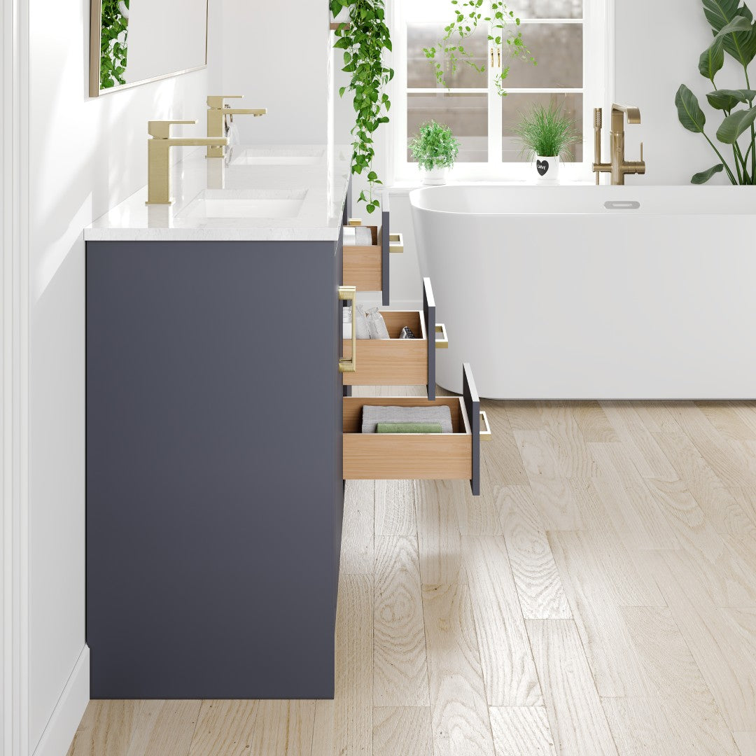 Curio 60 in. Dark Blue Double Sink  Bath Vanity with Carrara Quartz Top and Undermount Porcelain Sinks