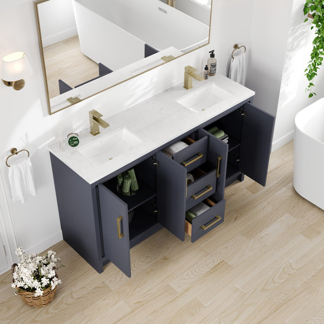 Curio 60 in. Dark Blue Double Sink  Bath Vanity with Carrara Quartz Top and Undermount Porcelain Sinks