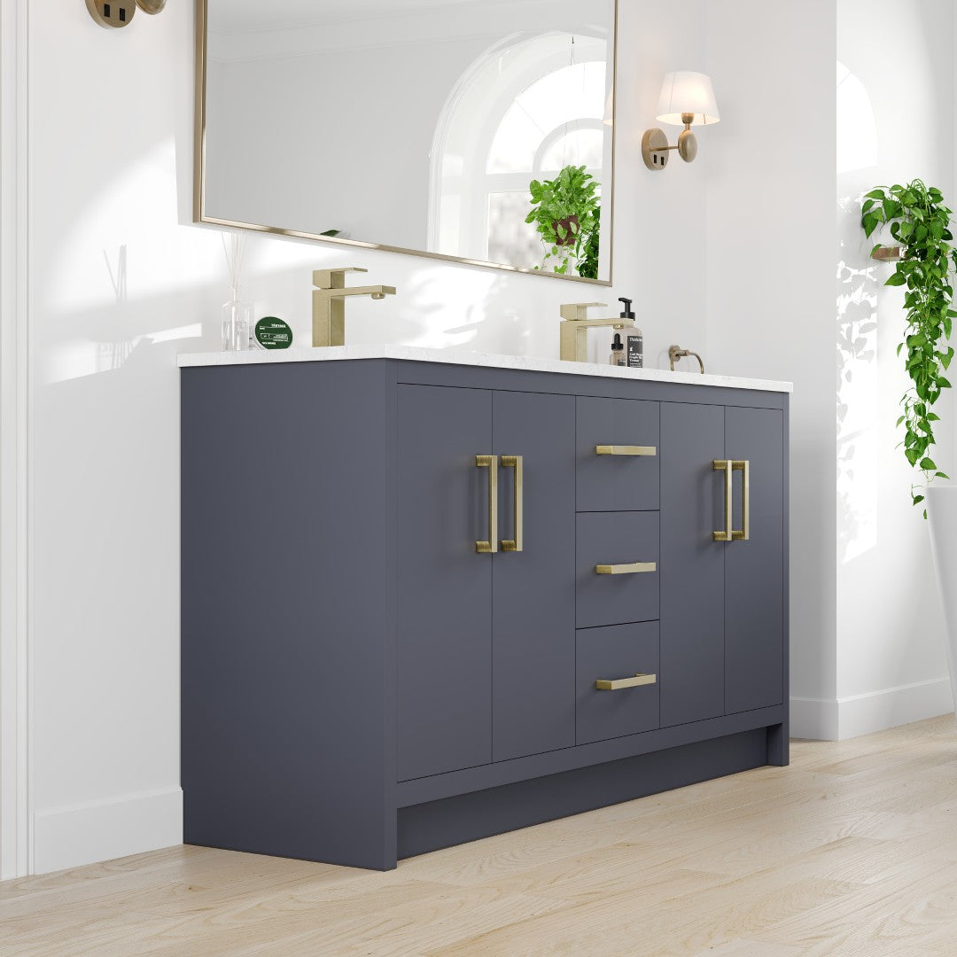 Curio 60 in. Dark Blue Double Sink  Bath Vanity with Carrara Quartz Top and Undermount Porcelain Sinks