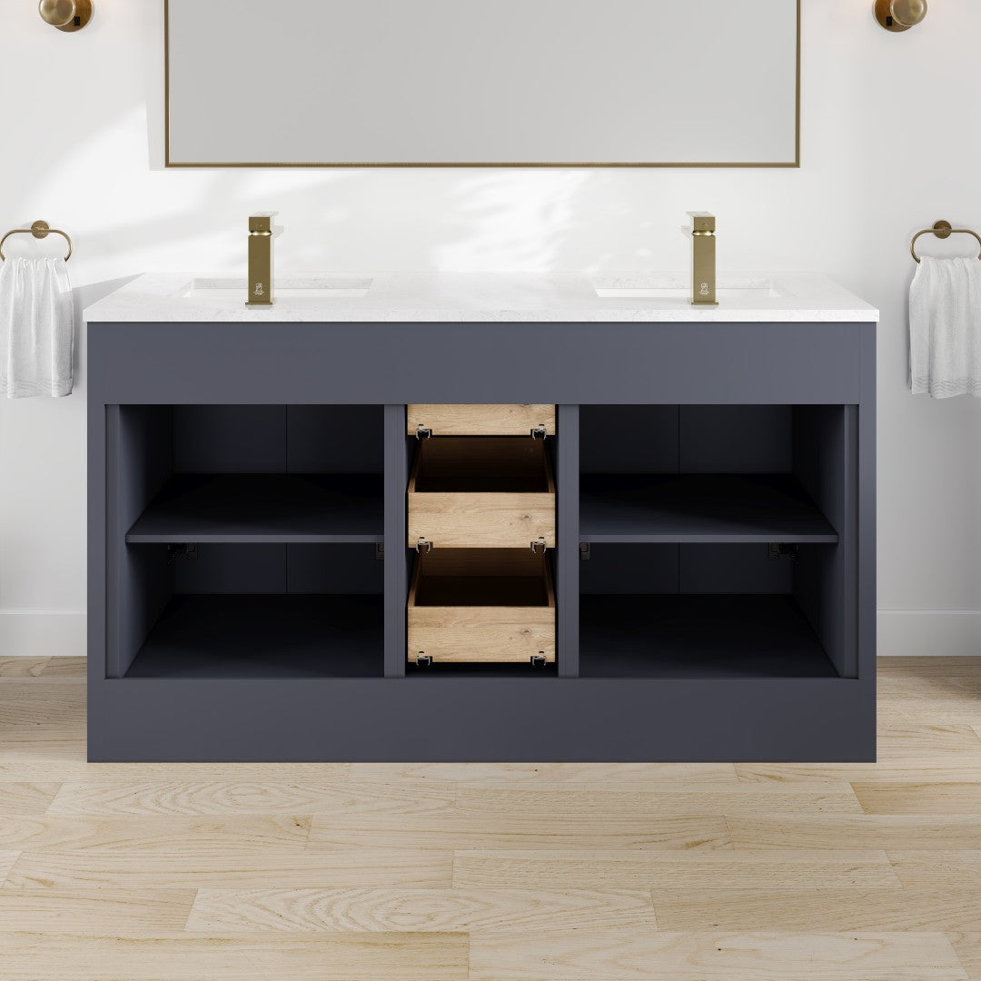 Curio 60 in. Dark Blue Double Sink  Bath Vanity with Carrara Quartz Top and Undermount Porcelain Sinks