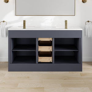 Curio 60 in. Dark Blue Double Sink  Bath Vanity with Carrara Quartz Top and Undermount Porcelain Sinks