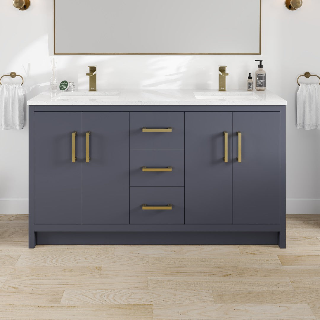 Curio 60 in. Dark Blue Double Sink  Bath Vanity with Carrara Quartz Top and Undermount Porcelain Sinks