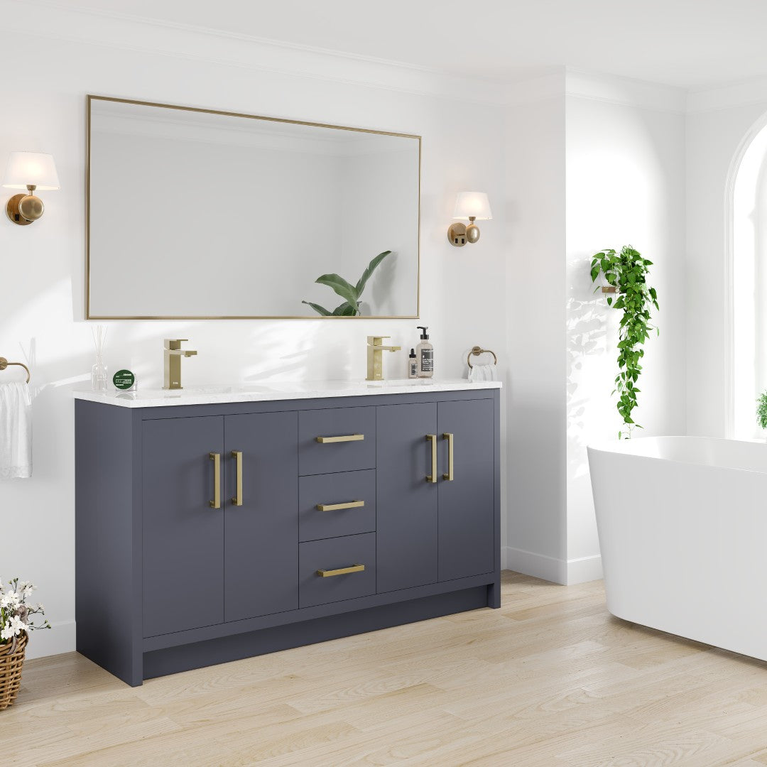 Curio 60 in. Dark Blue Double Sink  Bath Vanity with Carrara Quartz Top and Undermount Porcelain Sinks