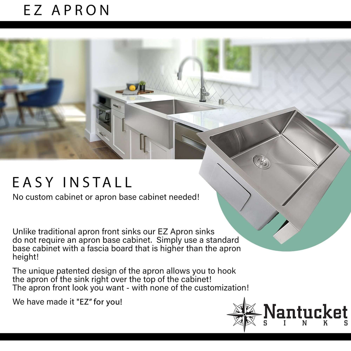 Nantucket Sinks' EZApron33-5.5 Patented Design Pro Series Single Bowl Undermount  Stainless Steel Kitchen Sink with 5.5 Inch Apron Front