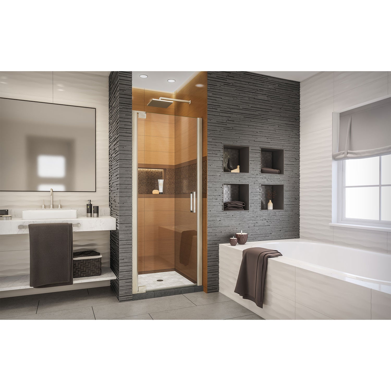 DreamLine Elegance-LS 27 - 29 in. W x 72 in. H Frameless Pivot Shower Door in Brushed Nickel